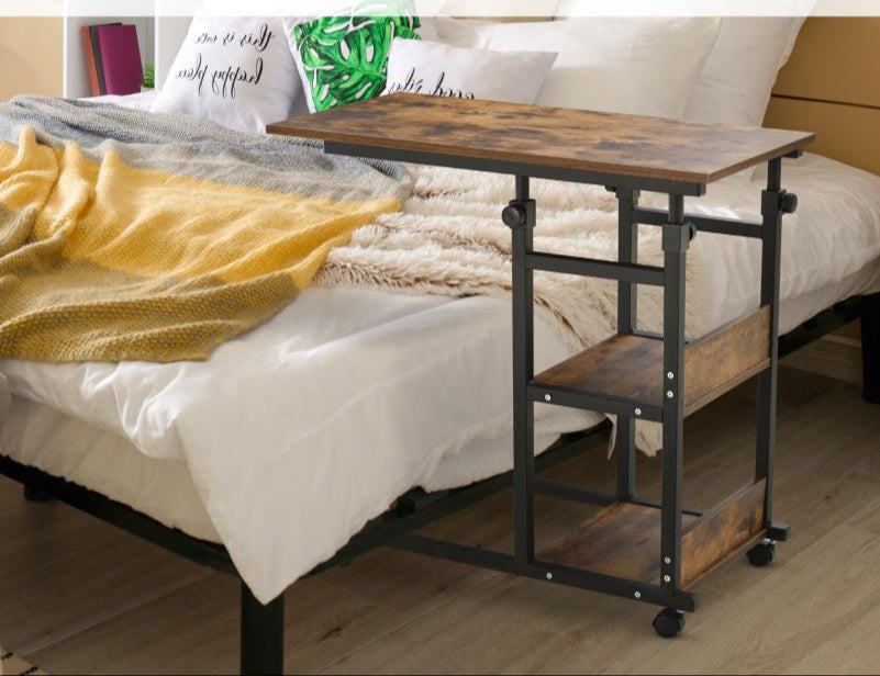 Verstelbare Salontafel – Bijzettafel – Koffietafel – Wieltjes Tafel – Opbergtafel – Verstelbare Hoogte 72-82 cm – Zwart Metaal & Hout