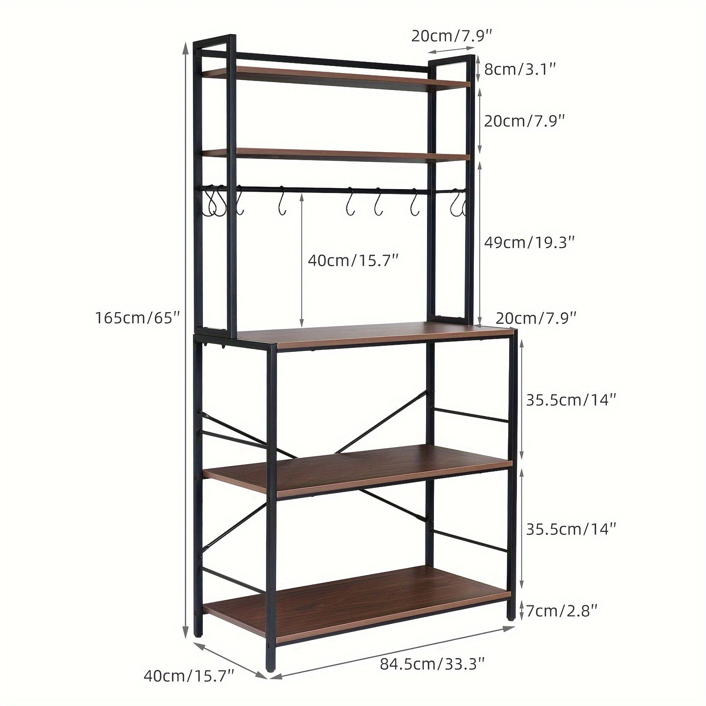5-Lagen Keukenorganizer – Rustiek Zwart Walnoot – Industrieel Baker’s Rack met Opslag, Magnetronstandaard en Haakjes voor Kruiden en Keukengerei