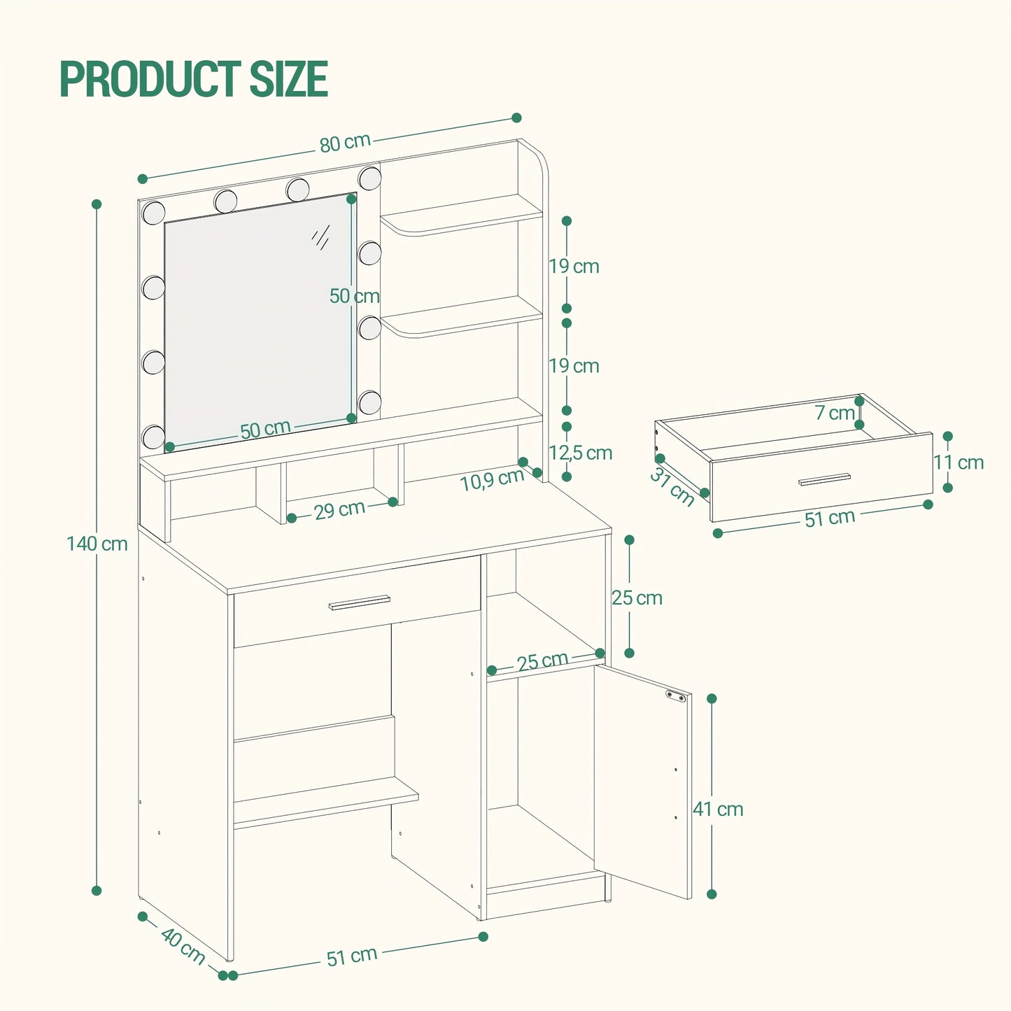 Kaptafel – Make-uptafel – Schoonheidstafel – Make-upmeubel – Greige – 10 Dimbare LED Lampen – 3 Planken & Grote Lade