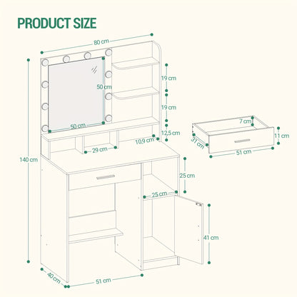 Kaptafel – Make-uptafel – Schoonheidstafel – Make-upmeubel – Greige – 10 Dimbare LED Lampen – 3 Planken & Grote Lade