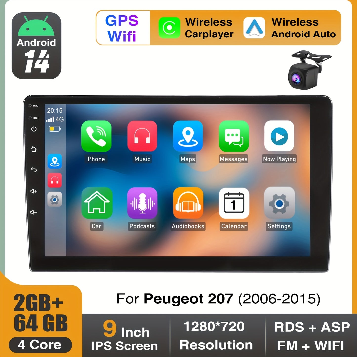 Android 14 Autoradio – Multimediasysteem – Auto Stereo – Navigatiesysteem – Touchscreen Radio – Met Camera – 9 Inch IPS HD Scherm – Draadloze CarPlay & Android Auto