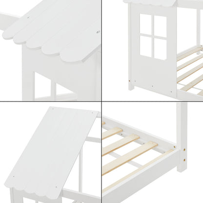 Kinderbed – Halfopen Huisbed – Huisvormig Bed – Kinderbed Frame – Bed Voor Kinderen – 90x200 cm Wit – Massief Dennenhout – Sfeervolle Decoratieve Ramen