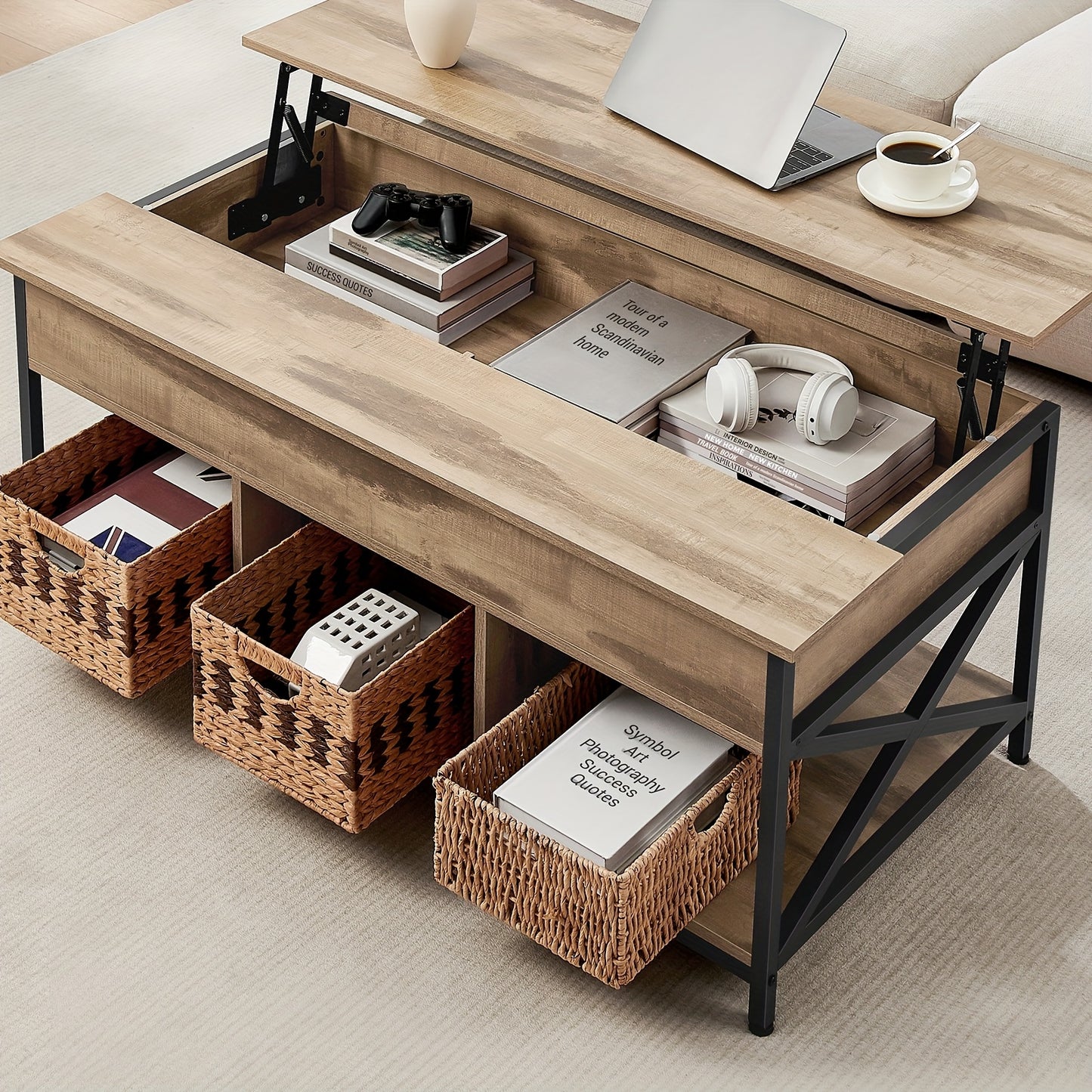 Salontafel – Koffietafel – Tafel – Lounge Tafel – Bijzettafel – Verstelbaar Lift-Top Blad – Opbergvak Met X-Vormige Poten – Donkerbruin Kunsthout – 60x120x48-62 cm