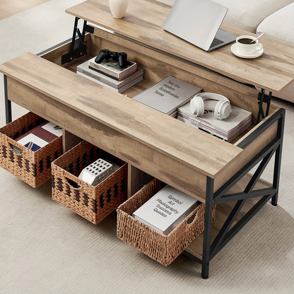 Salontafel – Koffietafel – Tafel – Lounge Tafel – Bijzettafel – Verstelbaar Lift-Top Blad – Opbergvak Met X-Vormige Poten – Donkerbruin Kunsthout – 60x120x48-62 cm