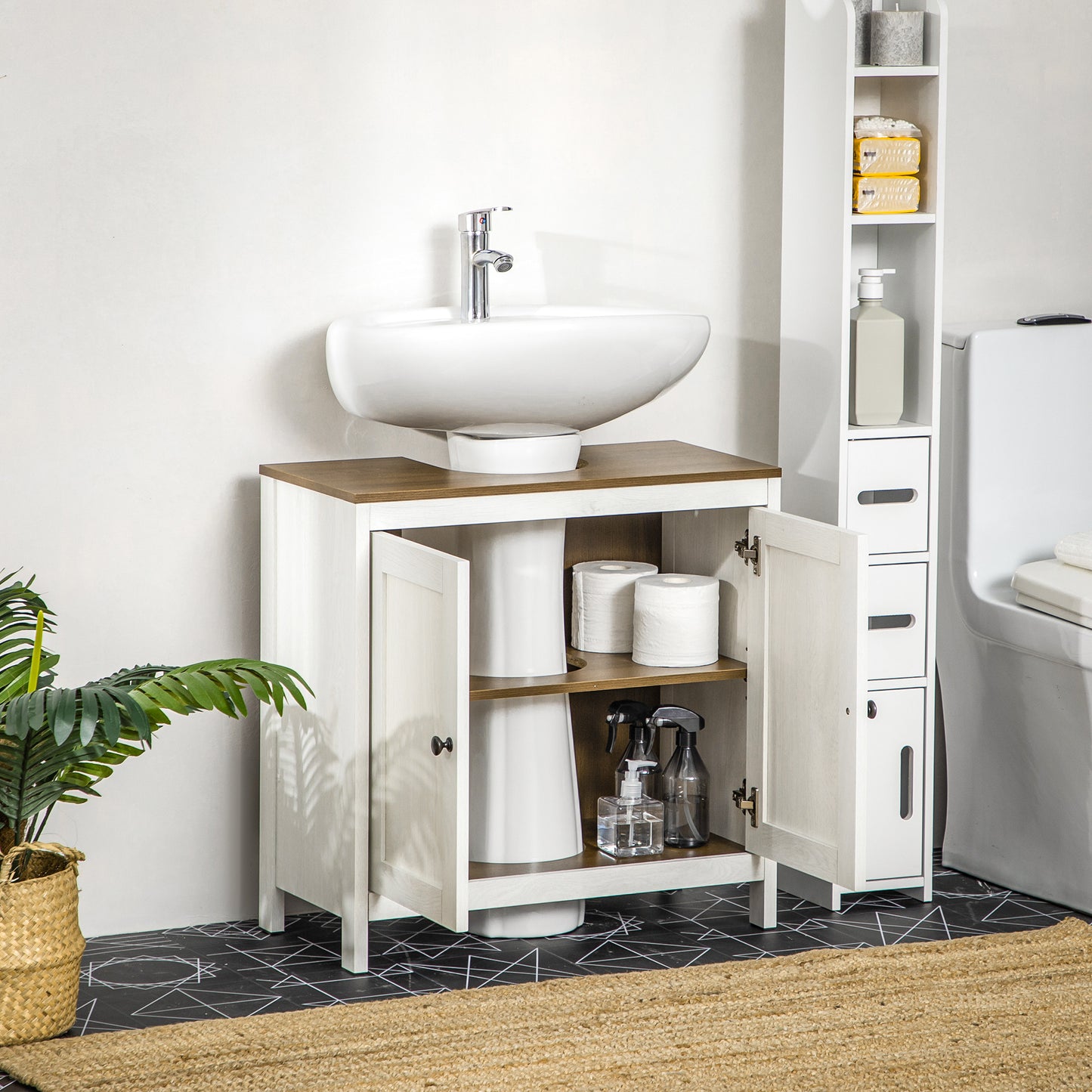Badkamerkast Onder Wastafel – Onderkast Badmeubel Opbergkast Douchekast – Wit Houtlook – Compact 60x30x60 cm – Verstelbare Plank Stevig MDF