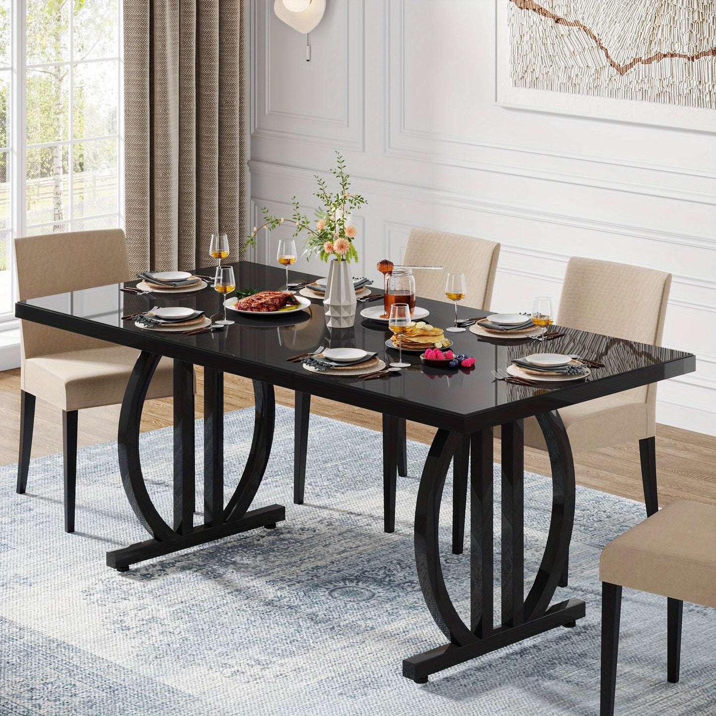 Uitklaptafel – Klaptafel – Vouwtafel – Eettafel – Tuintafel – Ruimtebesparend – Geperst Hout & Metaal – 160 cm Uitbreidbaar – Zwart Geometrisch Onderstel