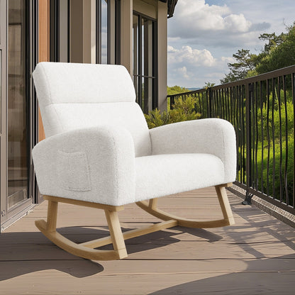 Schommelstoel – Schommelstoel met Wol – Loungestoel – Relaxstoel – Wit – Zachte Schapenwolvulling – Hoge Ergonomische Rugleuning