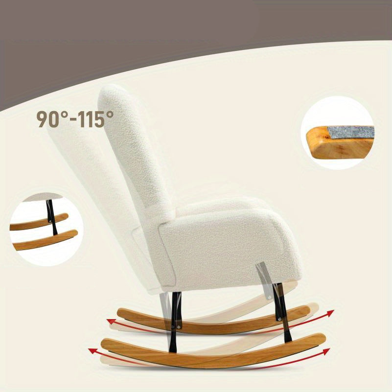 Schommelstoel – Relaxstoel – Fauteuil – Voedingsstoel – Schommelstoel Babykamer – Teddy Stof – Pluche Kussen – Opvouwbaar & Stapelbaar – Stevig Houten Frame & Zachte Schommelbeweging