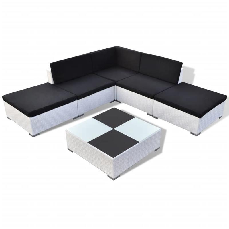 6-delige Tuinset – Buitenmeubelset – Loungeset – Hoekbank Set – Balkonmeubelen – Wit-Zwart Kussenontwerp – Weerbestendig Poly Rattan – Comfortabele Zitkussens