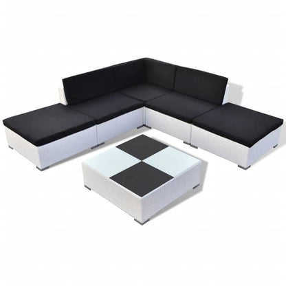 6-delige Tuinset – Buitenmeubelset – Loungeset – Hoekbank Set – Balkonmeubelen – Wit-Zwart Kussenontwerp – Weerbestendig Poly Rattan – Comfortabele Zitkussens