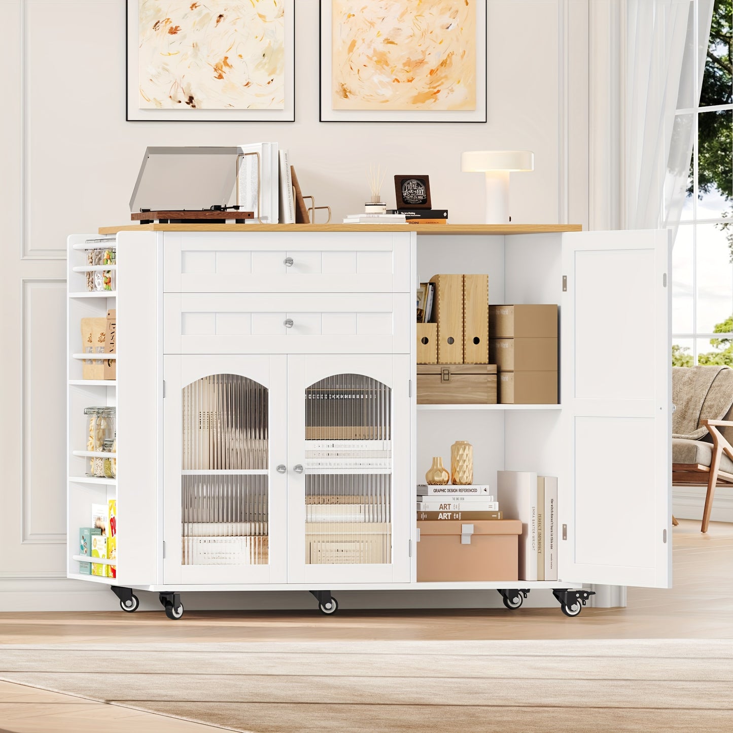Keukentrolley – Keukenwagen – Serveerwagen – Opbergtrolley – Keukenrek – Grote Opbergruimte – 110x60 cm Werkblad – Vergrendelbare 360° Wielen – Wit Hout