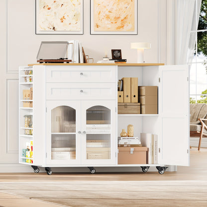 Keukentrolley – Keukenwagen – Serveerwagen – Opbergtrolley – Keukenrek – Grote Opbergruimte – 110x60 cm Werkblad – Vergrendelbare 360° Wielen – Wit Hout