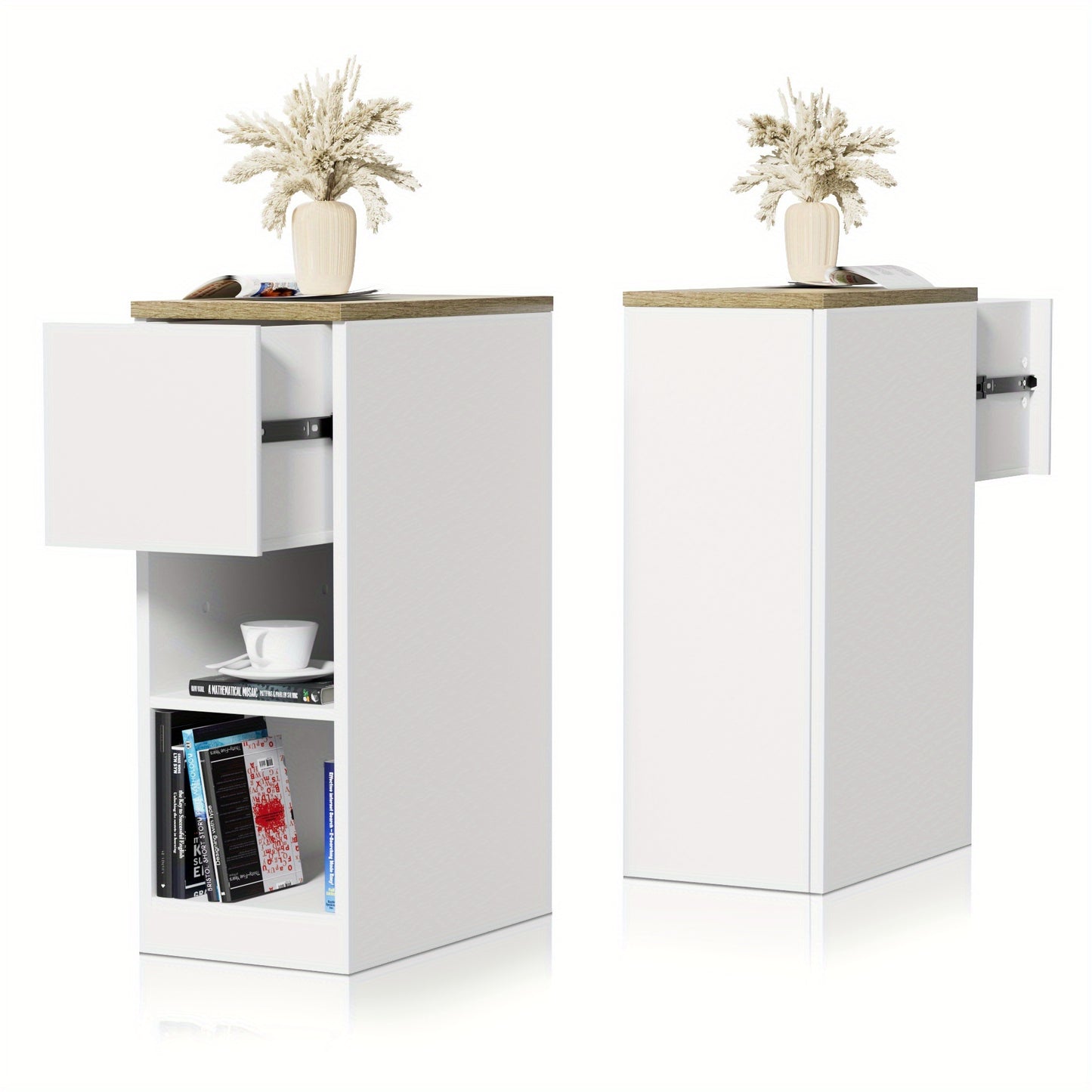 Slim Storage Side Table 25x45x70cm - Wooden Cabinet with Open Shelves & Drawer, Space-Saving Organizer for Living Rooms, Thin Bedside Shelf (Fits Narrow Spaces)