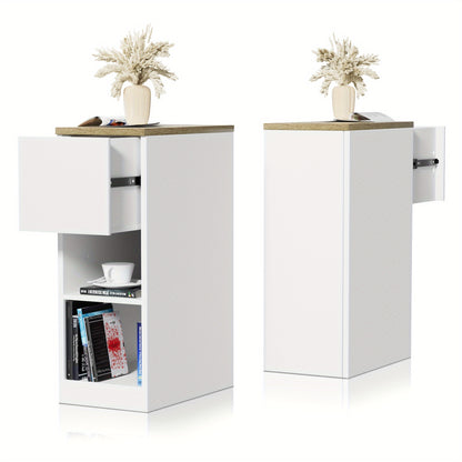 Slim Storage Side Table 25x45x70cm - Wooden Cabinet with Open Shelves & Drawer, Space-Saving Organizer for Living Rooms, Thin Bedside Shelf (Fits Narrow Spaces)
