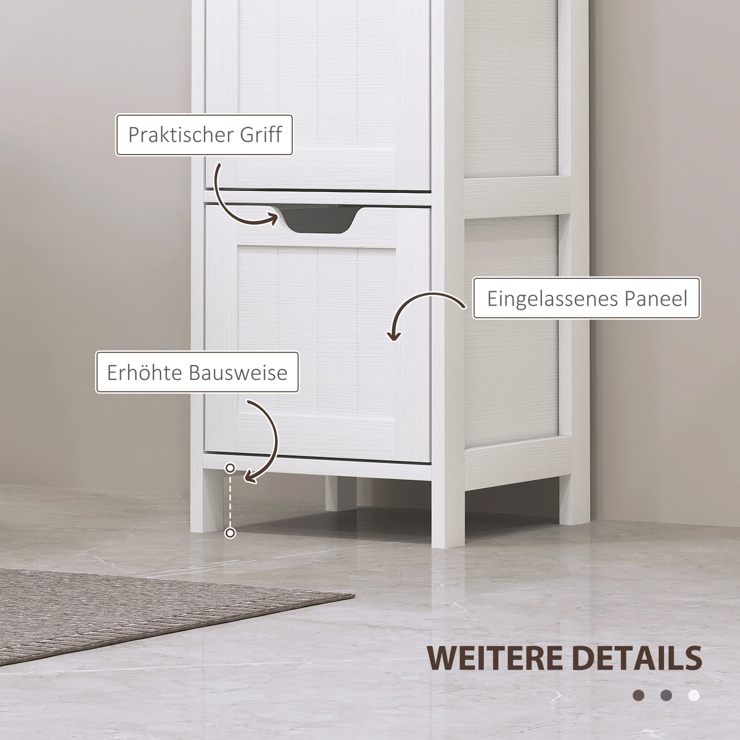 Badkamerkast – Badkamermeubel – Opbergkast – Kolomkast – Wastafelonderkast – Waterbestendig Materiaal – 2 Planken & 3 Lades – Wit