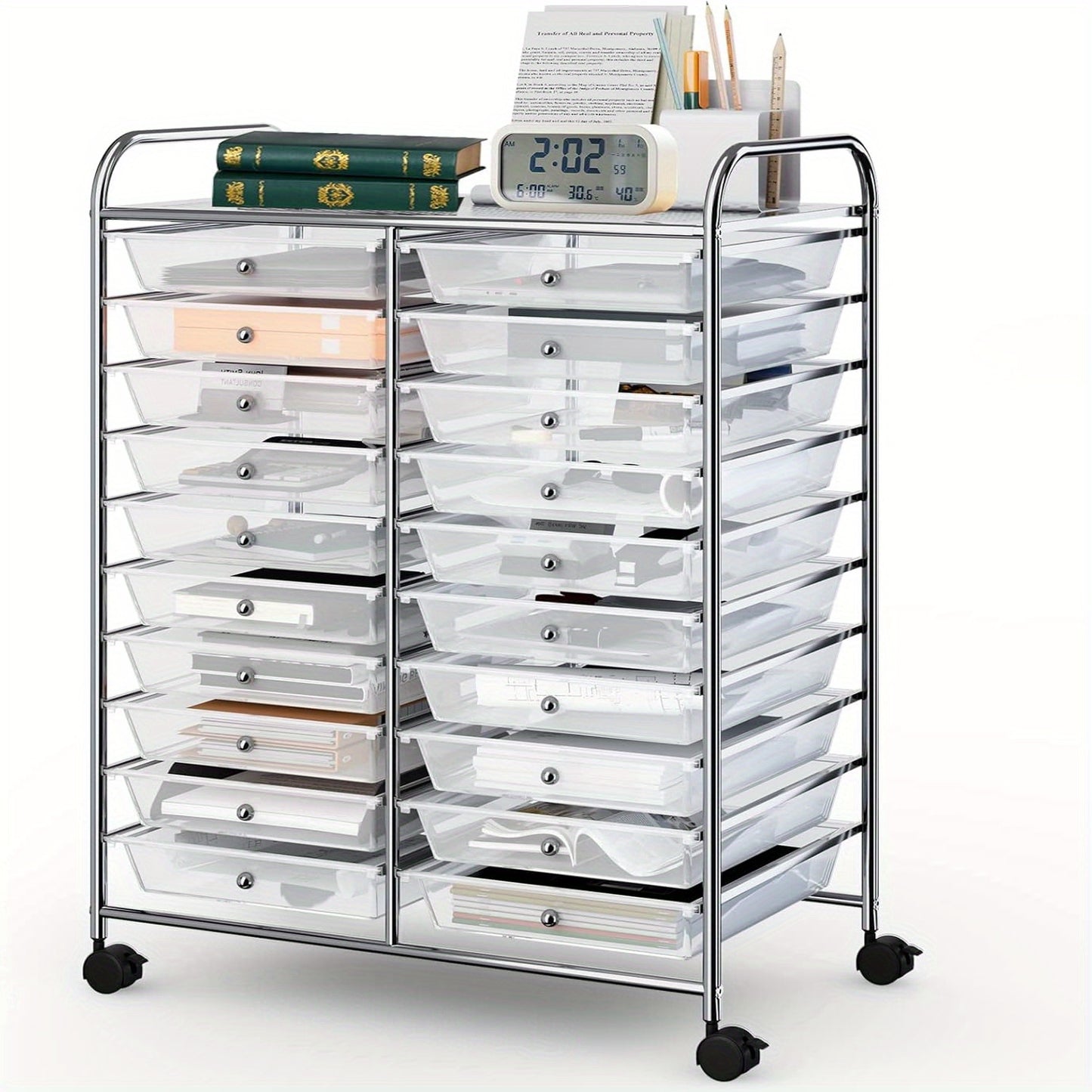 Mobiele Opbergtrolley – Opbergwagen – Ladeblok – Organisatiewagen – Rollende Opbergkast – 20 Lades – Organizer Bovenop – 4 Zwenkwielen Met Rem – Roestvrij Staal & Kunststof