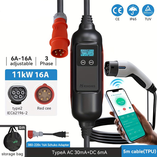 EV Laadpaal – Wallbox – EV Charger – Thuislader – Mobiele Lader – 11 kW Vermogen – Instelbare 6-16A Stroom - QUORE