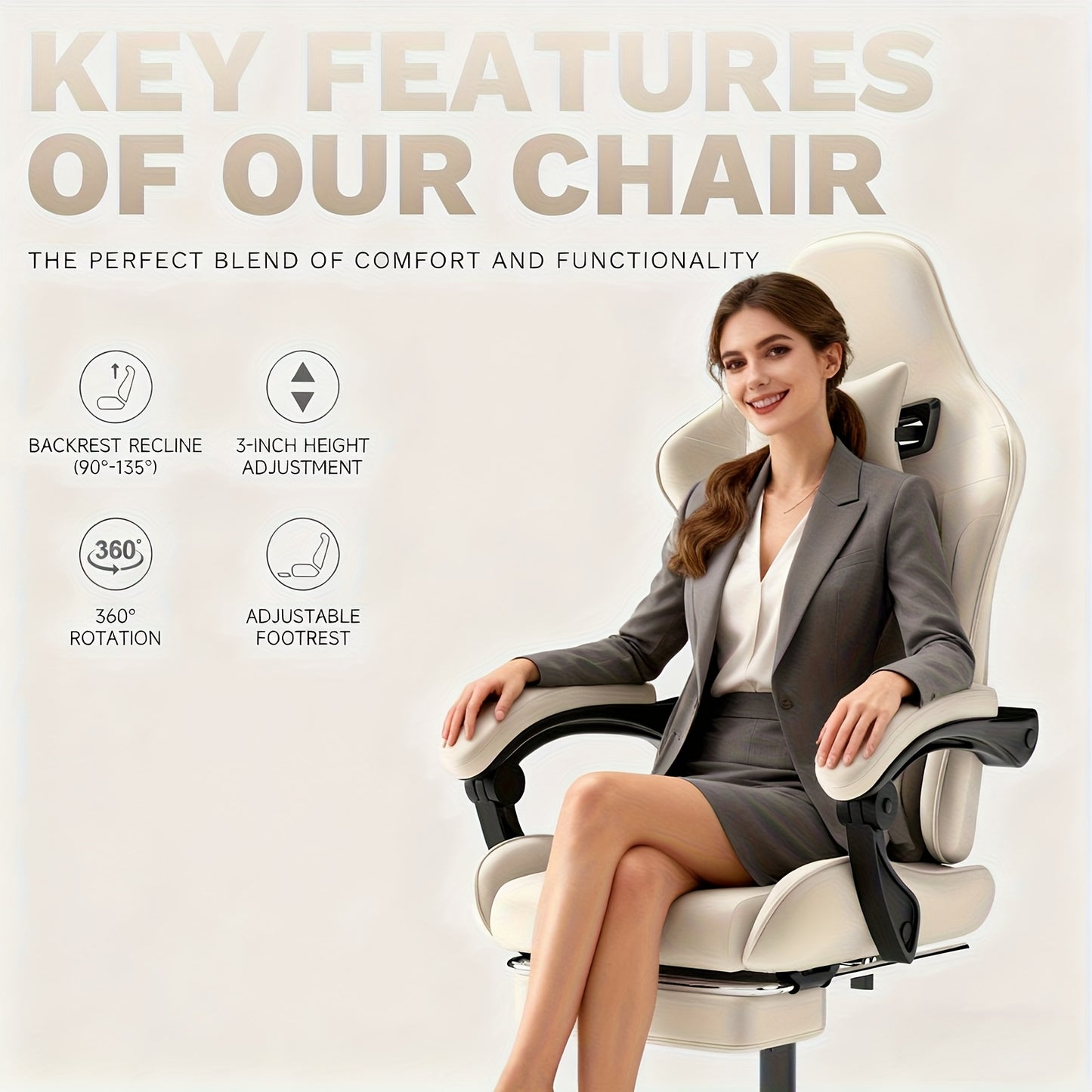 Gamingstoel – Bureaustoel – Gamestoel – Werkstoel – Bureauzetel – Ergonomisch Design – Memory Foam Zitting – Beige Kleur – Met Voetensteun