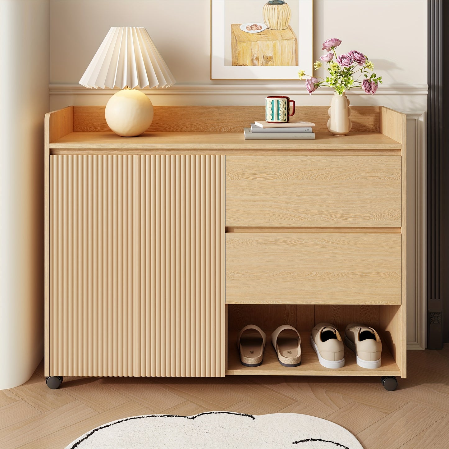 Schoenenkast – Schoenenrek – Schoenenopberger – Schoenenbankje – Schoenenkastje – Mobiel op wieltjes – Verstelbare planken – Met zachte sluiting – Stevig metalen frame – Ruimtebesparend design – Arched top – Wit/Zwart/Beige/Grijs