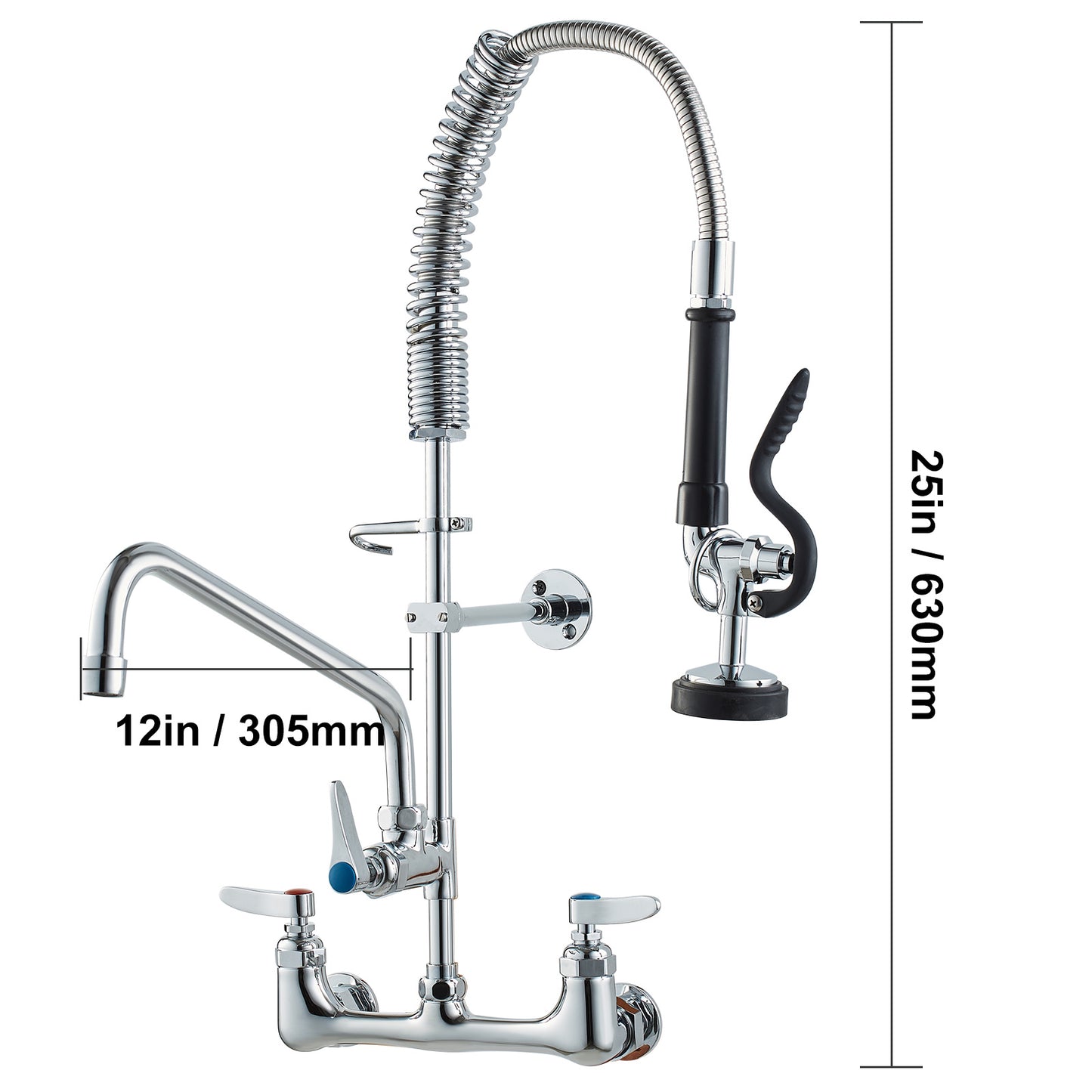 Professionele Keukenkraan – Wandkraan – Pre-Rinse Kraan – Commerciële Spoelkraan – Draaibare Uitloop – Messing Constructie – 25 Inch Hoogte – 12 Inch Scharnierende Uitloop