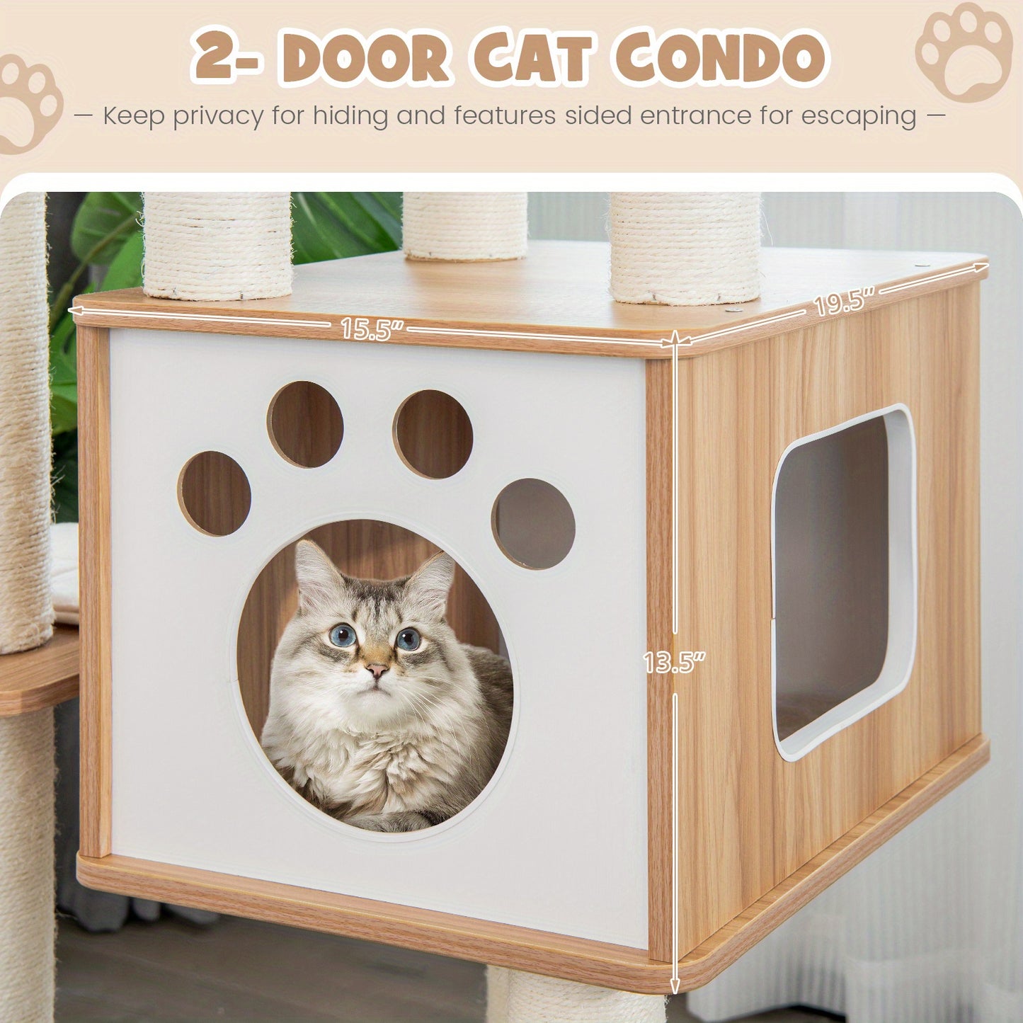 Krabpaal – Kattenkrabpaal – Kattenboom – Kattenhuis – Kattenmeubel – 6 Niveaus – Beige Houten Krabpaal Met Condo
