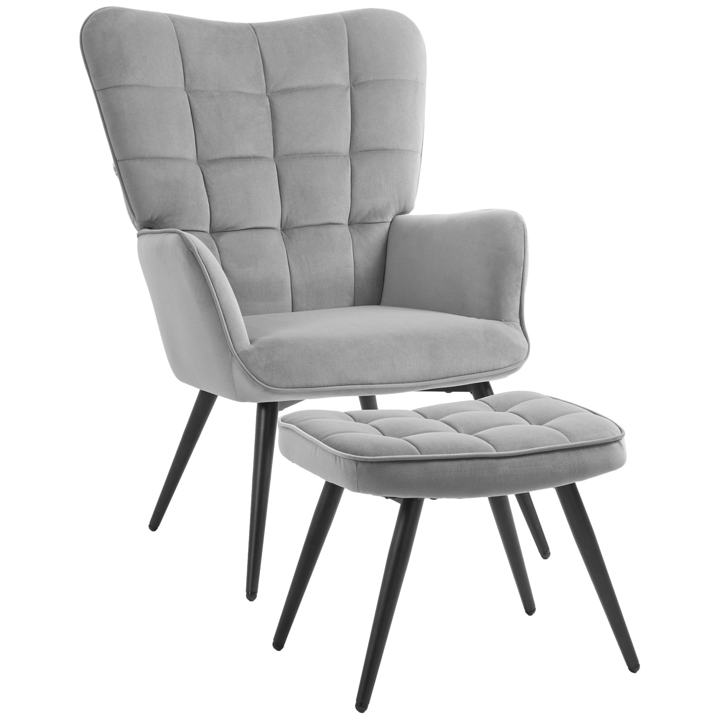 Fauteuil – Relaxstoel – Loungestoel – Leunstoel – Zitstoel – Fluwelen Bekleding – Hoog Draagvermogen 120 Kg – Inclusief Voetenbank – Lichtgrijs