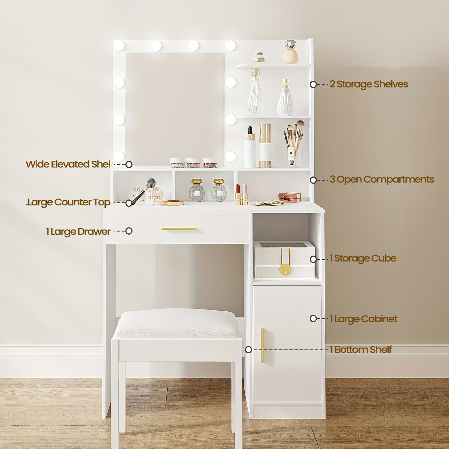 Kaptafel – Make-uptafel – Visagietafel – Schminktisch – Toilletset – Met Spiegel – 10 LED Lampjes – Verstelbare Lichtsterkte – 3 Open Planken – Inclusief Grote Lade en Kast
