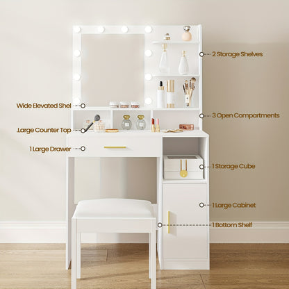 Kaptafel – Make-uptafel – Visagietafel – Schminktisch – Toilletset – Met Spiegel – 10 LED Lampjes – Verstelbare Lichtsterkte – 3 Open Planken – Inclusief Grote Lade en Kast