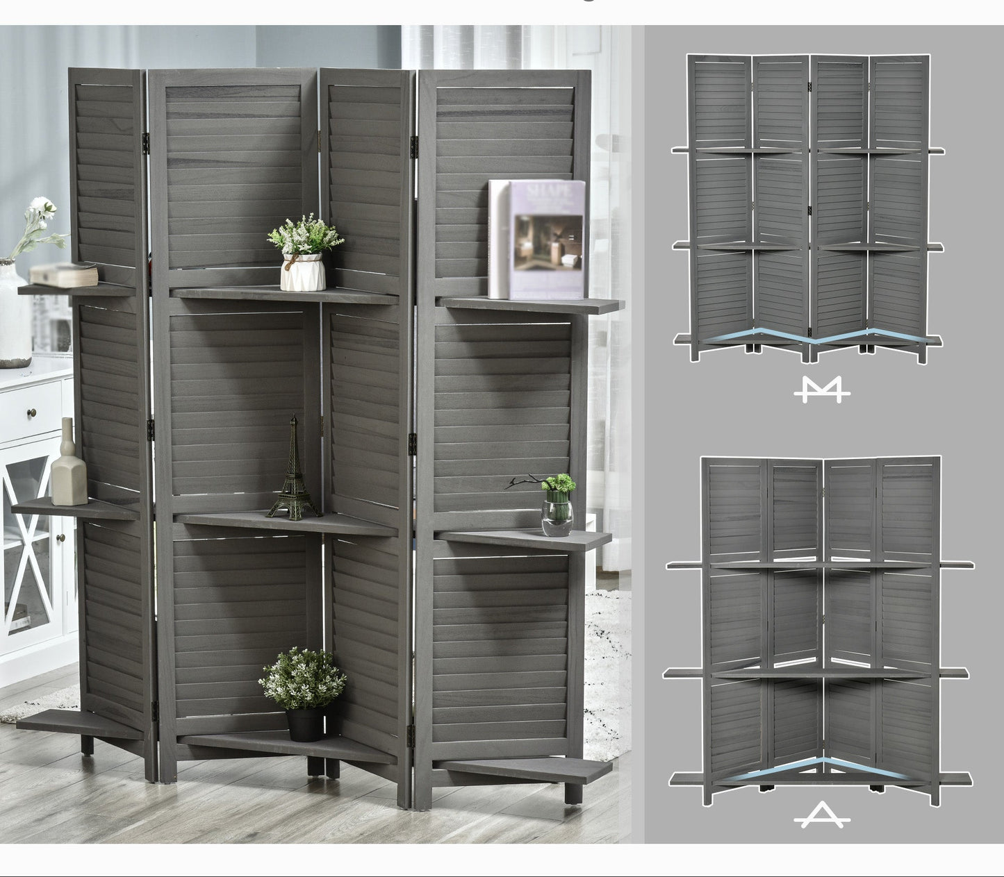 Kamerverdelerscherm – Kamerscherm – Roomdivider – Scheidingswand – Paravent – 4 Panelen – Paulownia Hout – Inclusief 3 Planken – Inklapbaar – Grijs