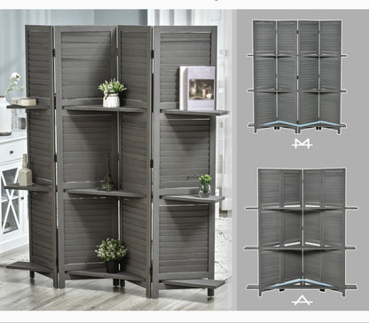 Kamerverdelerscherm – Kamerscherm – Roomdivider – Scheidingswand – Paravent – 4 Panelen – Paulownia Hout – Inclusief 3 Planken – Inklapbaar – Grijs