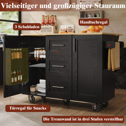 Heavy-Duty Mobile Kitchen Island with Locking Casters - Rolling Cabinet on Wheels, Removable Shelves & Worktop, Space-Saving Storage Cart with Side Towel Rail - Easy Assembly for Kitchen, Dining, or Serving - Black Metal Cons