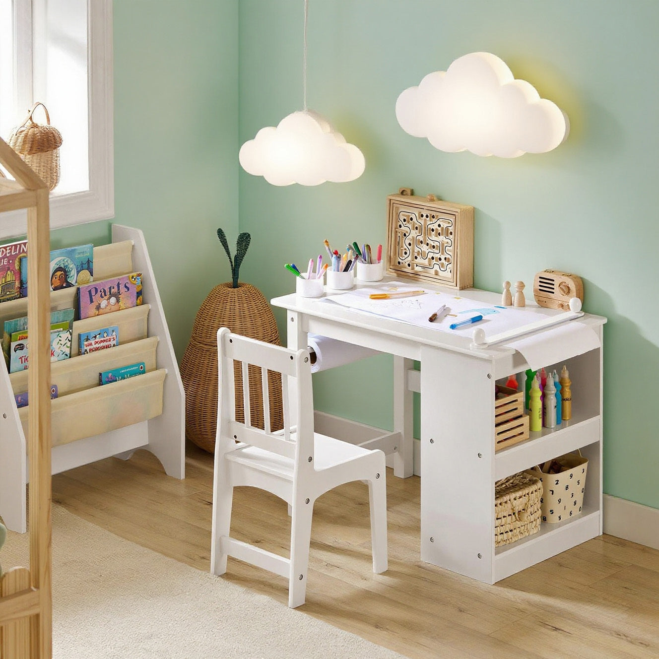 Kinderbureau Set – Kinderbureau Met Stoel – Kindertafel – Kindertafel Met Stoel – Kinderwerkplek – MDF En Grenenhout – Met Opbergruimte En Ergonomische Rugleuning