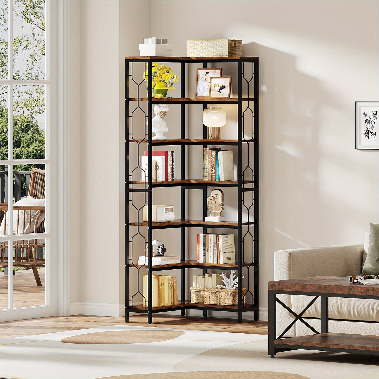 7-Lage Industriële Hoekboekenkast – Boekenkast, Plank, Boekplank, Hoekplank – Houten Planken Met Stalen Frame – Ruimtebesparend Modern Landelijk Design
