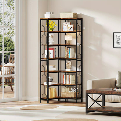 7-Lage Industriële Hoekboekenkast – Boekenkast, Plank, Boekplank, Hoekplank – Houten Planken Met Stalen Frame – Ruimtebesparend Modern Landelijk Design
