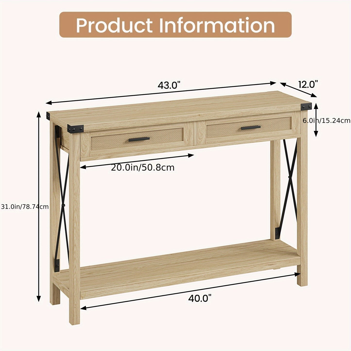Sidetable – Consoletafel – Haltafel – Wandtafel – Bijzettafel – Smal ontwerp 118x78x37 cm – Hardhout en rattan