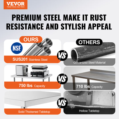 VEVOR Stainless Steel Work Table Commercial Prep Table 24x36 Inch With 4 Casters