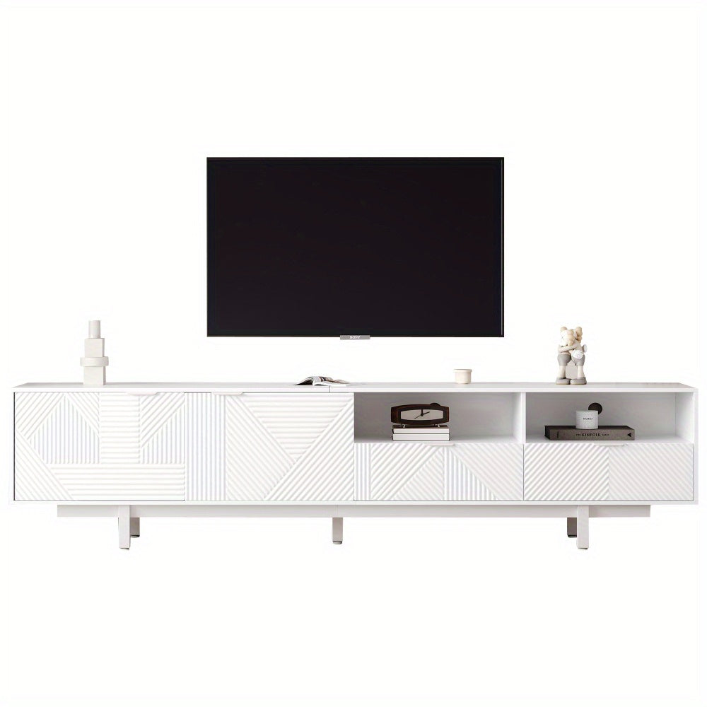 A Contemporary Bohemian-Style TV Stand Featuring Abstract White Geometric Patterns, Designed with Minimalist Cabinet Doors And Ample Storage Space. Its Dimensions Are 200 Cm by 40 Cm by 51 Cm, Suitable for a TV Up to 90 Inche