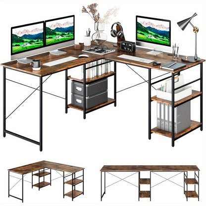 L-vormig Bureau – Hoekbureau – Computertafel – Thuiswerkplek Bureau – Bureau Met Opbergruimte – 242 cm Lang – Met Stevig Metalen Frame – Bruin Houtlook