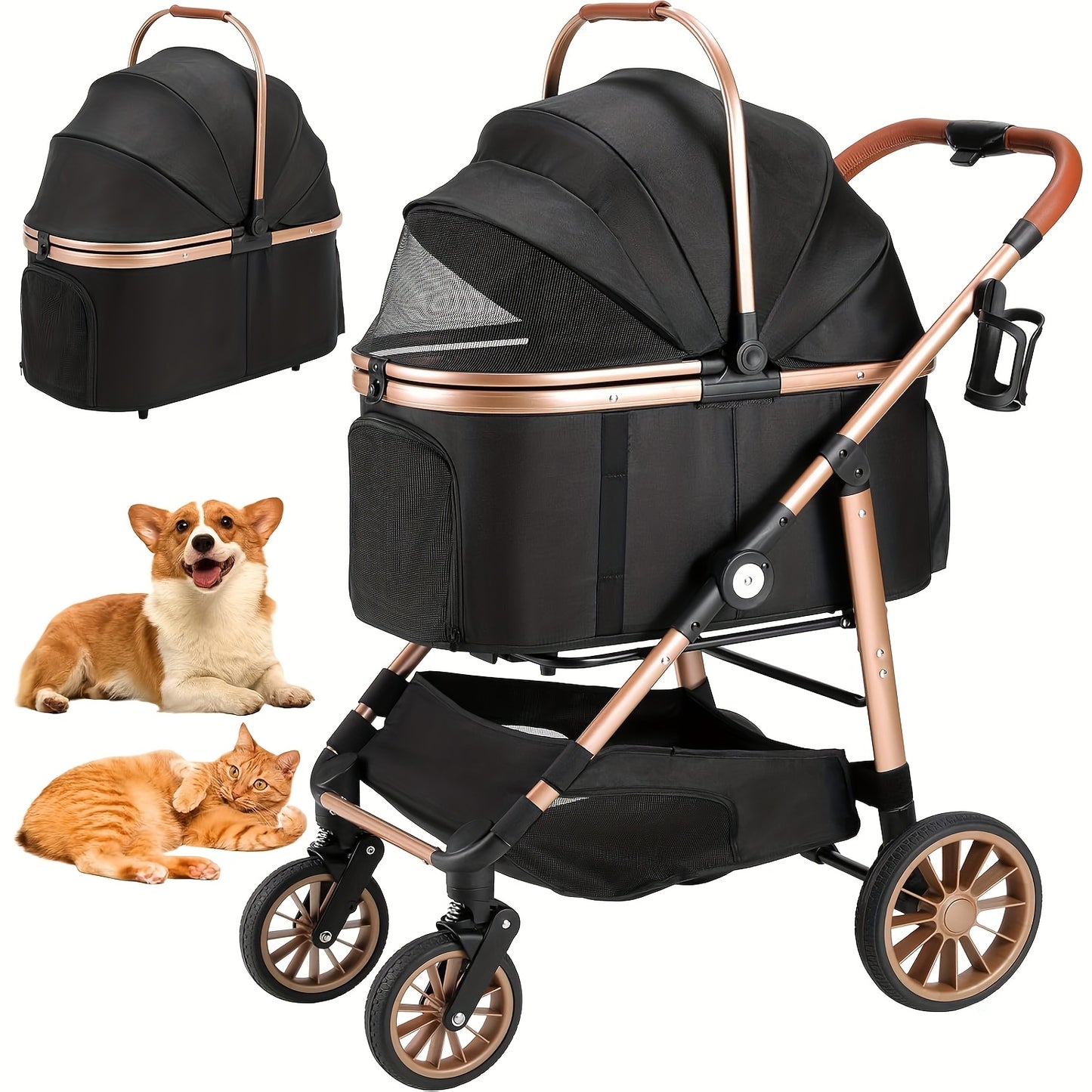 Hondenwagen – Hondenbuggy – Huisdierwagen – Dierenwagen – Kattenbuggy – Geschikt tot 25 kg – 4 Rubberwielen met Schokdempers – Inklapbaar – Lichtgewicht Carbonstaal Frame – Champagne Golden Black