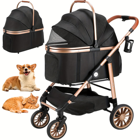 Hondenwagen – Hondenbuggy – Huisdierwagen – Dierenwagen – Kattenbuggy – Geschikt tot 25 kg – 4 Rubberwielen met Schokdempers – Inklapbaar – Lichtgewicht Carbonstaal Frame – Champagne Golden Black