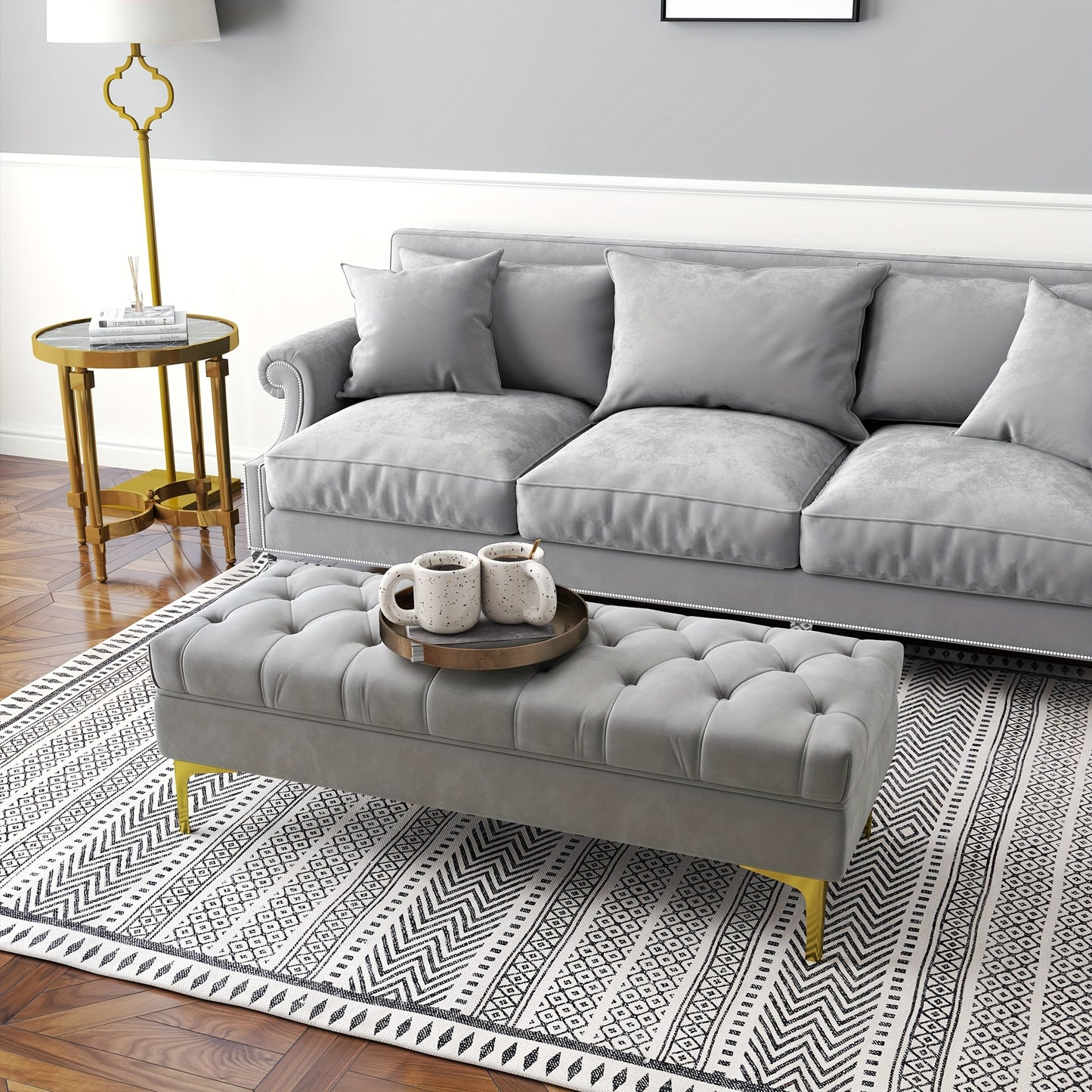 Bankje – Zitbank – Poef – Hocker – Velvet Gestoffeerd – Lichtgrijs – Gouden Metalen Poten – 118x45x42 cm – Zachte Comfortabele Zitting