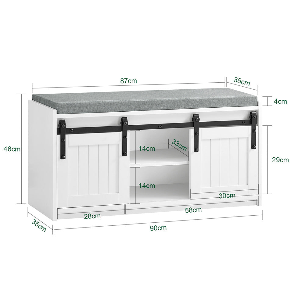 Schoenenkast – Schoenenrek – Schoenenopberger – Schoenenbank – Opbergkast – 2 Schuifdeuren – Houtlook MDF – Zitkussen – 90x35x46 cm