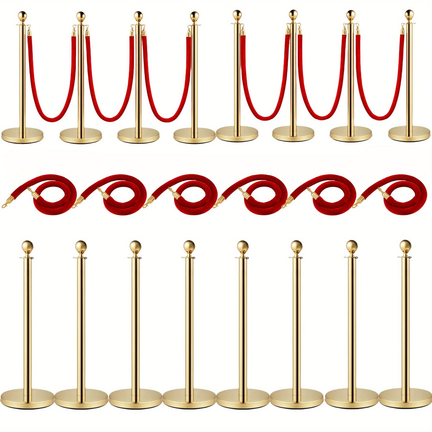 Afzetpaal – Afzetpalen – Afzetpaaltjes – Kettingpalen – Afzetkoord – Set Van 8 Gouden Palen – 6 Rode Fluwelen Koorden 152,4 cm