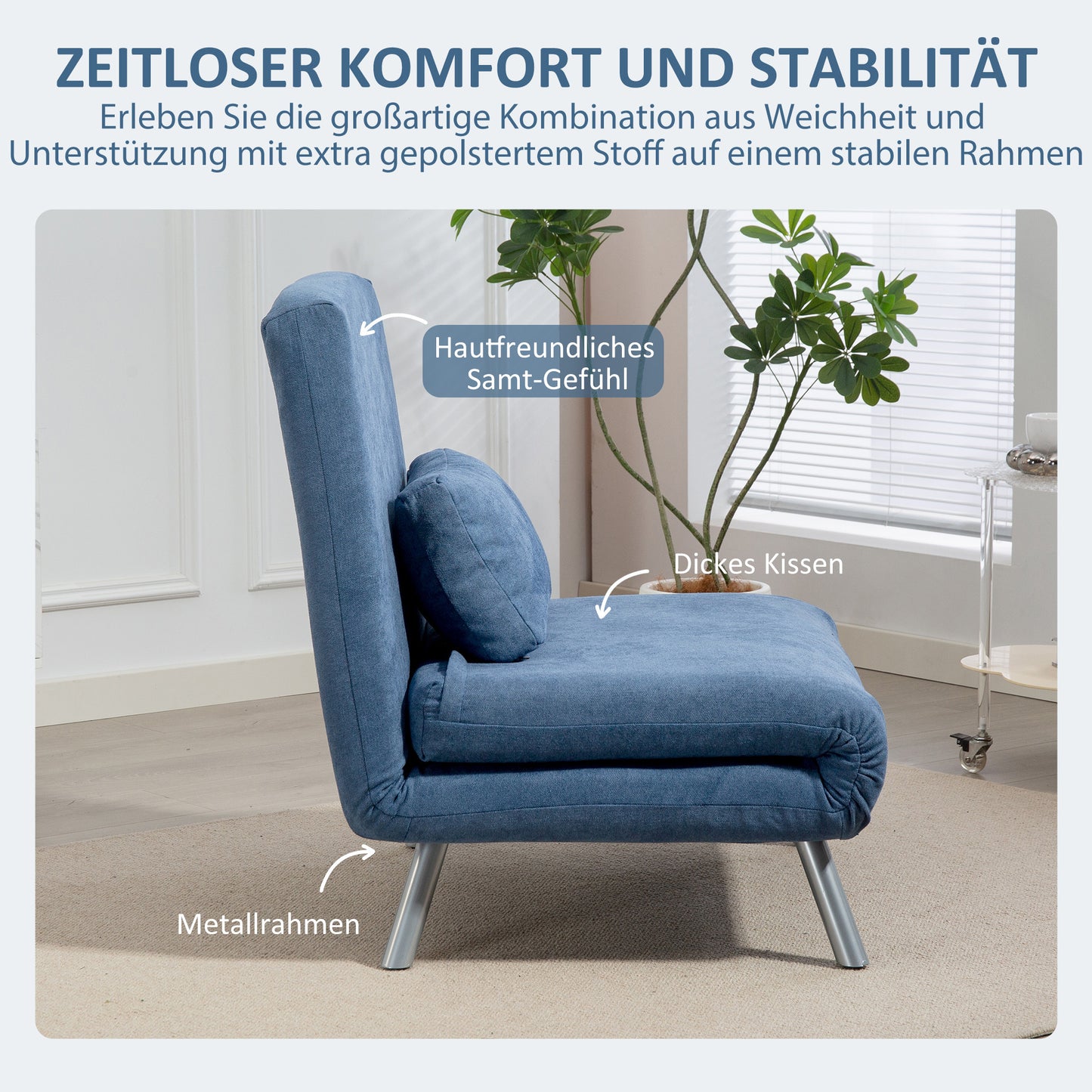 Relaxfauteuil – Slaapfauteuil – Slaapstoel – Loungestoel – Fauteuil Met Bedfunctie – 3-in-1 Design – Inclusief Kussen – Comfortabele Stoffering Blauw