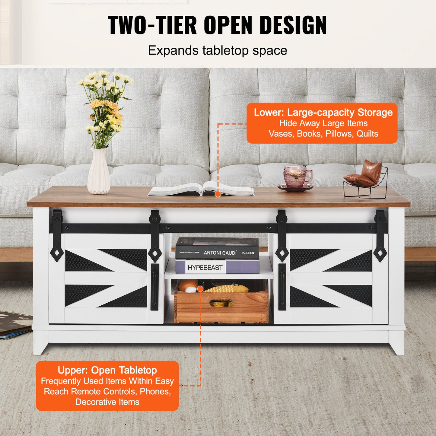 Salontafel – Koffietafel – Woonkamertafel – Bijzettafel – Tafel – 48 inch – Dubbel Blad Met Opbergruimte – Schuifdeuren Met Metalen Mesh