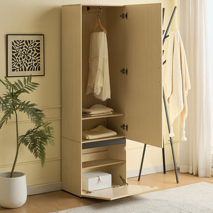 BTM Slim Wardrobe Cabinet with Mirror Door and Extendable Clothes Rail, High Cabinet in Wood Look with Shelves and Folding Compartment, Modern Hallway Cabinet for Entryway, Bedroom, Apartment, 54×34.5×179.5 cm