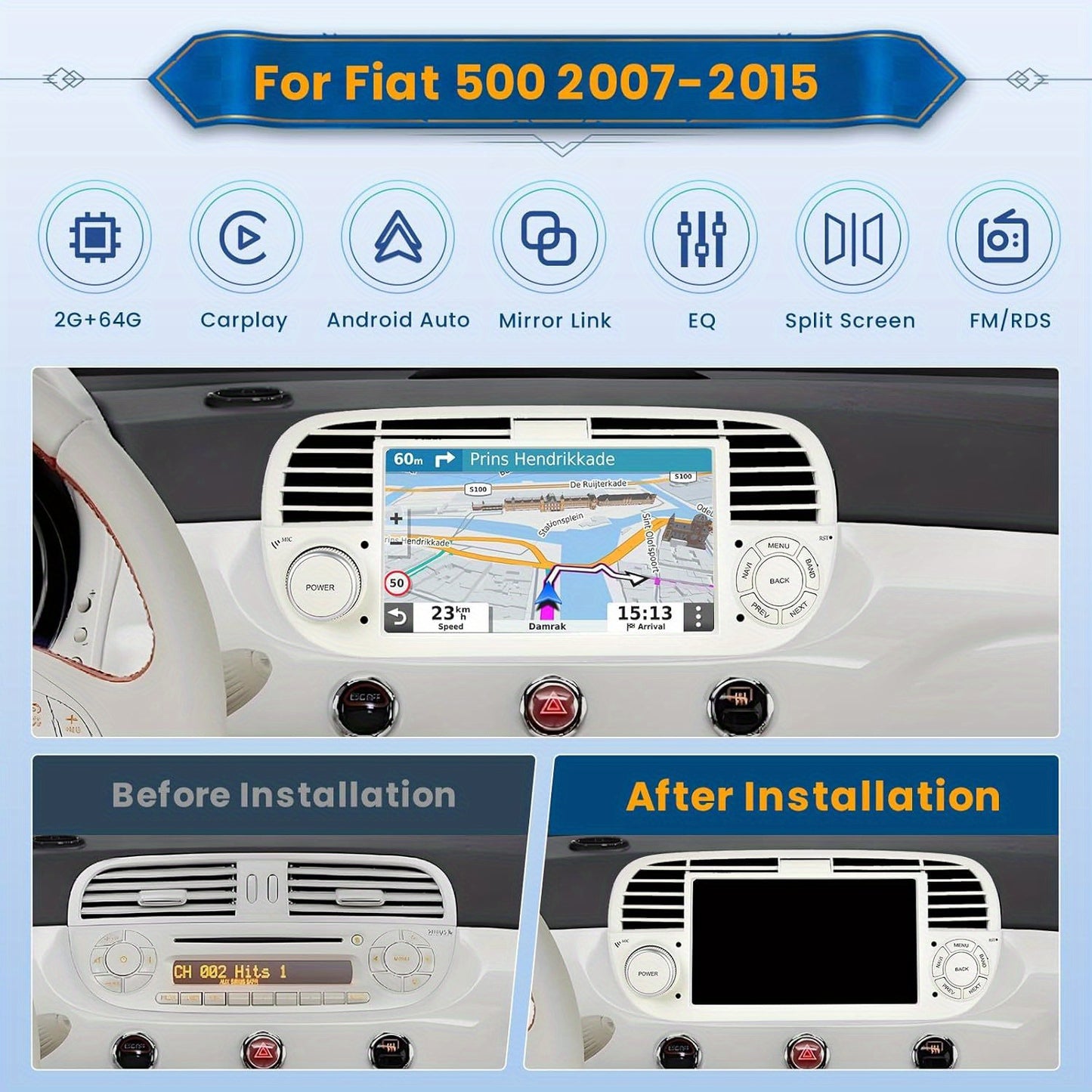 Car Stereo Radio – Autoradio Multimedia Systeem – Navigatiesysteem – Touchscreen Headunit – Bluetooth Audio – 9 Inch HD IPS Scherm – Draadloze CarPlay & Android Auto – 2GB RAM + 64GB Opslag – AHD Achteruitrijcamera Met Microfoon