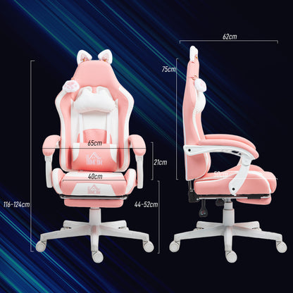Gamingstoel – Gamestoel – Gaming Chair – Bureaustoel – Game Stoel – Ergonomisch Met Verstelbare Rugleuning – Inclusief Uitschuifbare Voetensteun – Roze Met Kattenoren