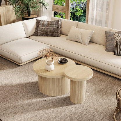 Salontafel – Dubbele Tafel – Ronde Koffietafel – Bijzettafel – Woonkamertafel – Natuurlijk Hout – Met Houten Lamellen – Multifunctioneel