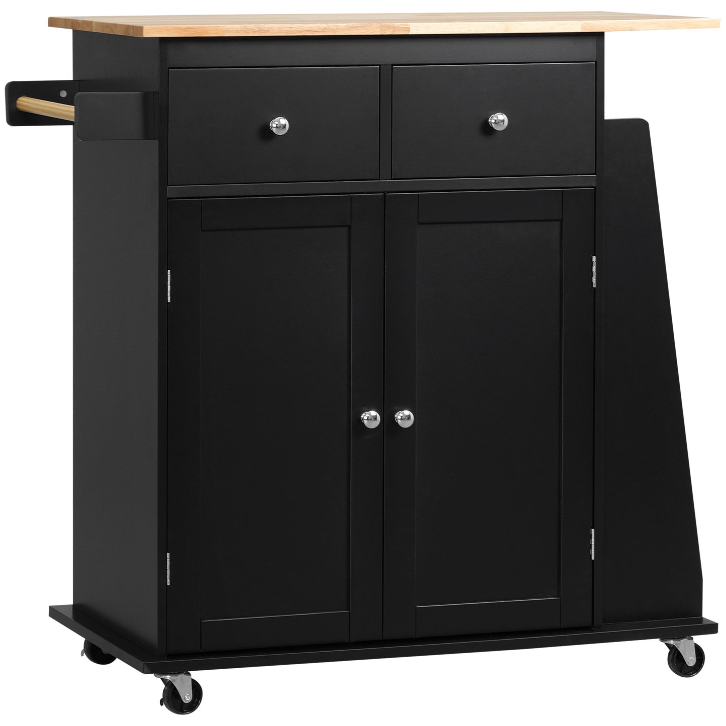 Keukeneiland – Keukentrolley – Serveerwagen – Buffetkast – Keukenkast – Bicolor Zwart-Beukenhout – Verstelbare Plank – Wielen Met Remmen